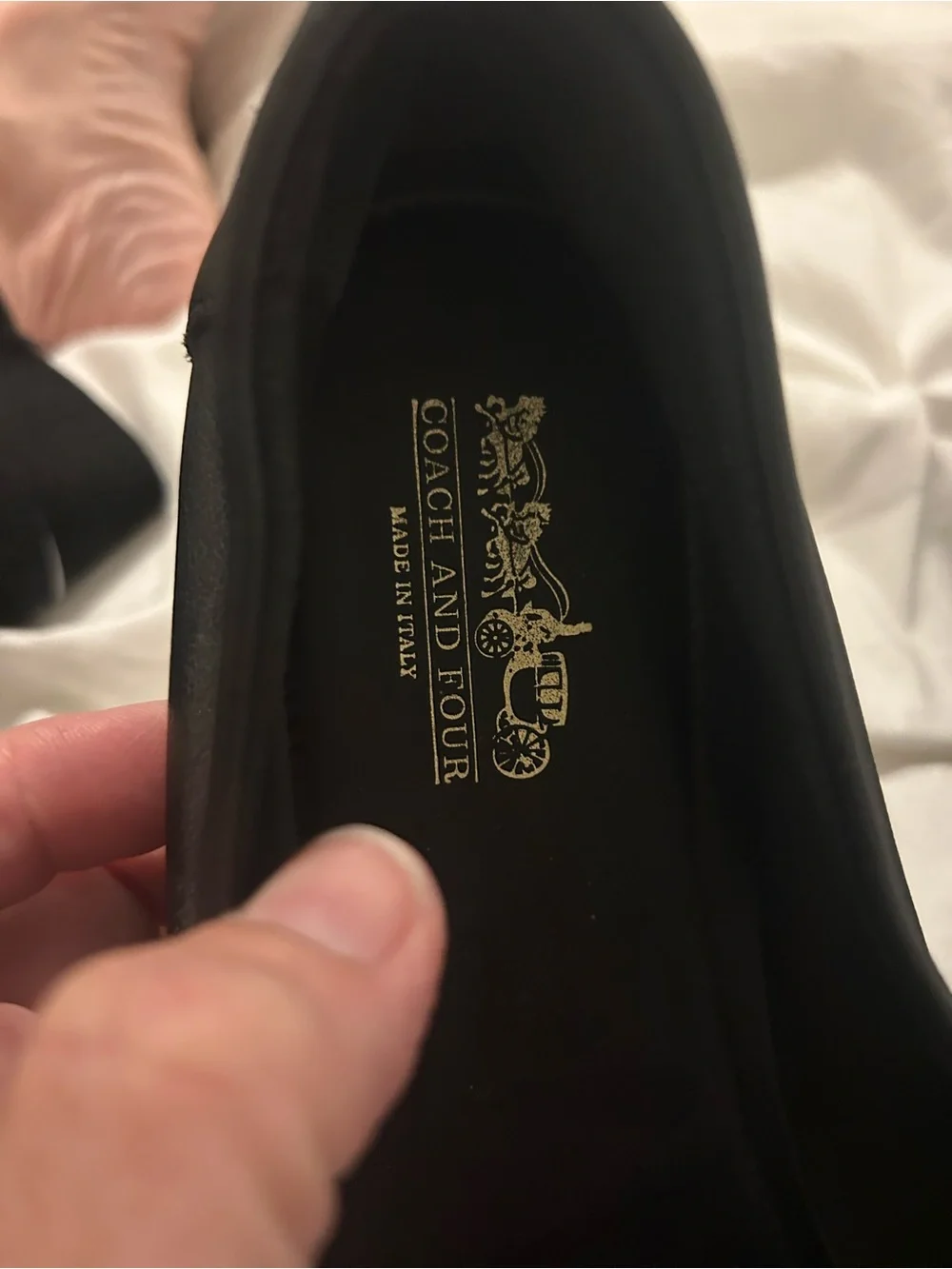 Coach and Four Black Leather Slip-On Loafers with Gold Logo